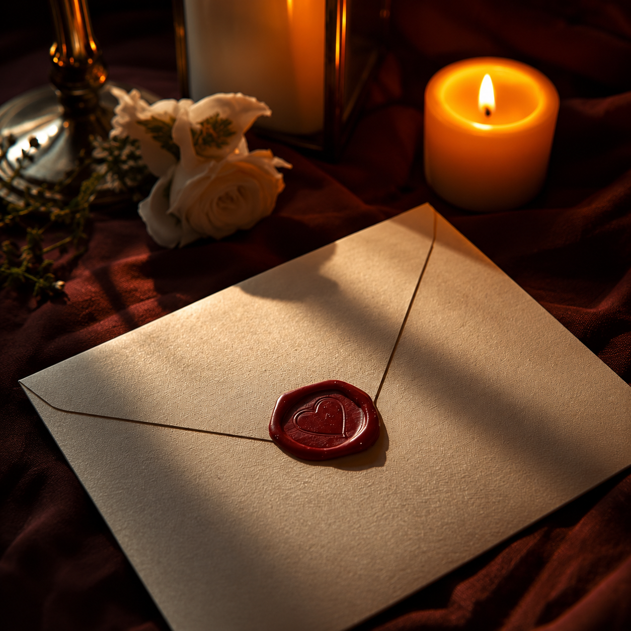 Carta lacrada com selo de cera em formato de coração, à luz de velas